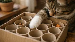 Gioco fai-da-te per gatti indoor: scatola e rotoli per stimolare mente e istinto